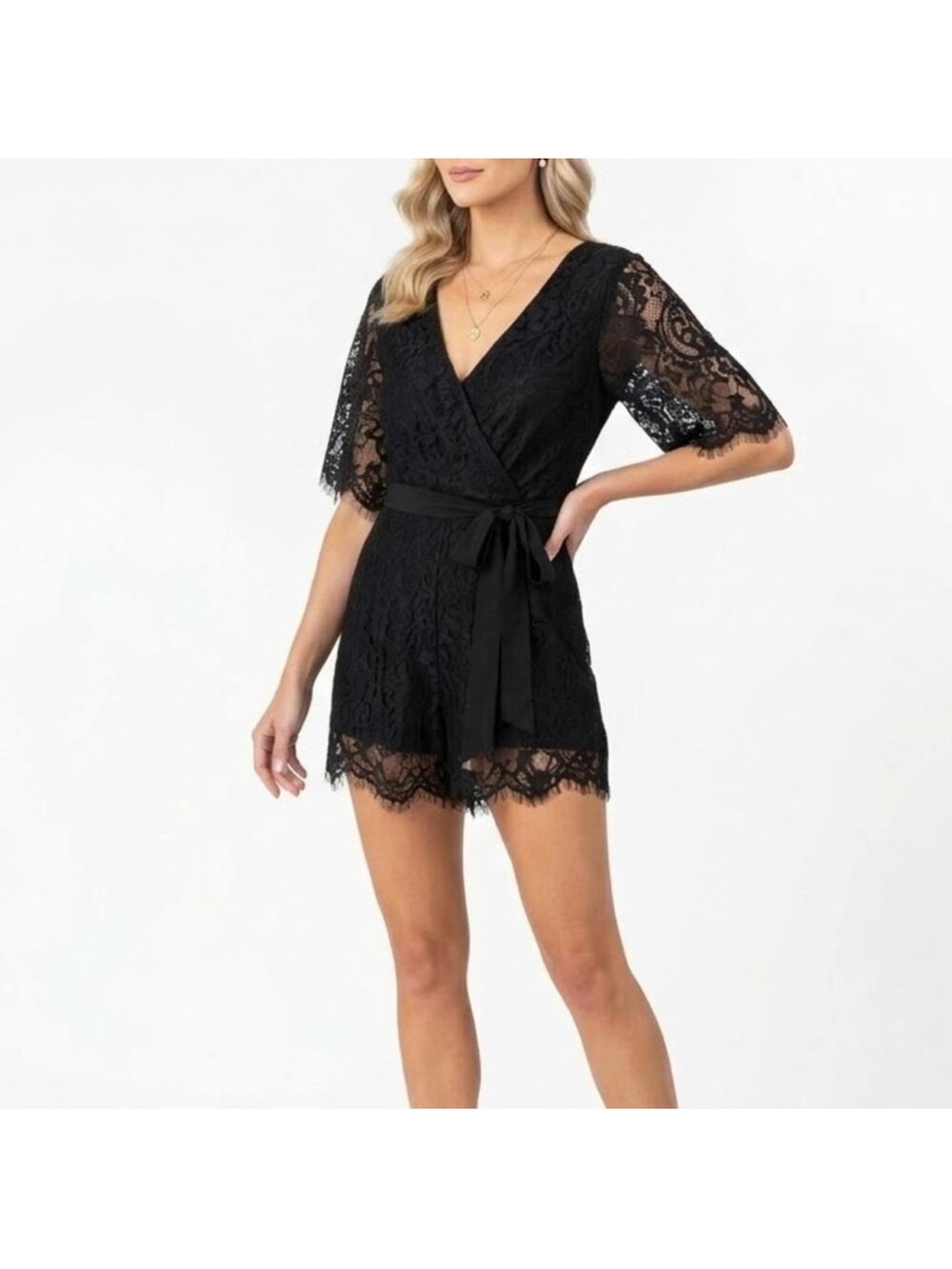 Francesca's Collections Black Lace Wrap Romper with Tie